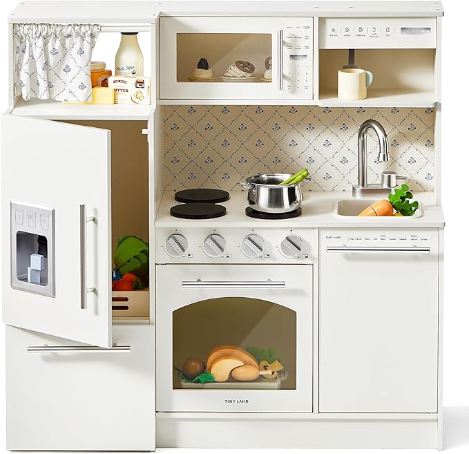 Tiny Land Play Kitchen for Kids, Upgraded Wooden Kitchen Toy with Complete Play Areas, Pretend Cooking Set with Sink, Stove, Microwave, Toy Coffee Station & Storage for Kids Ages 3+