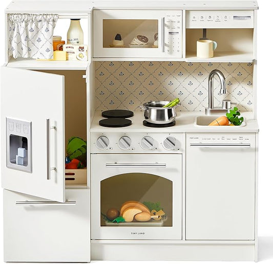 Tiny Land Play Kitchen for Kids, Upgraded Wooden Kitchen Toy with Complete Play Areas, Pretend Cooking Set with Sink, Stove, Microwave, Toy Coffee Station & Storage for Kids Ages 3+