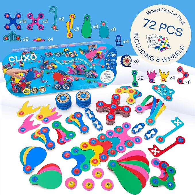 Clixo Wheel Creator Pack, 72 Pieces Pack - Construction Magnet Toy. Flexible, Creative-Boosting Magnetic Building Tiles. Educator-Approved Design for Hours of STEM Play. Multisensory Toy. Age 4-99.
