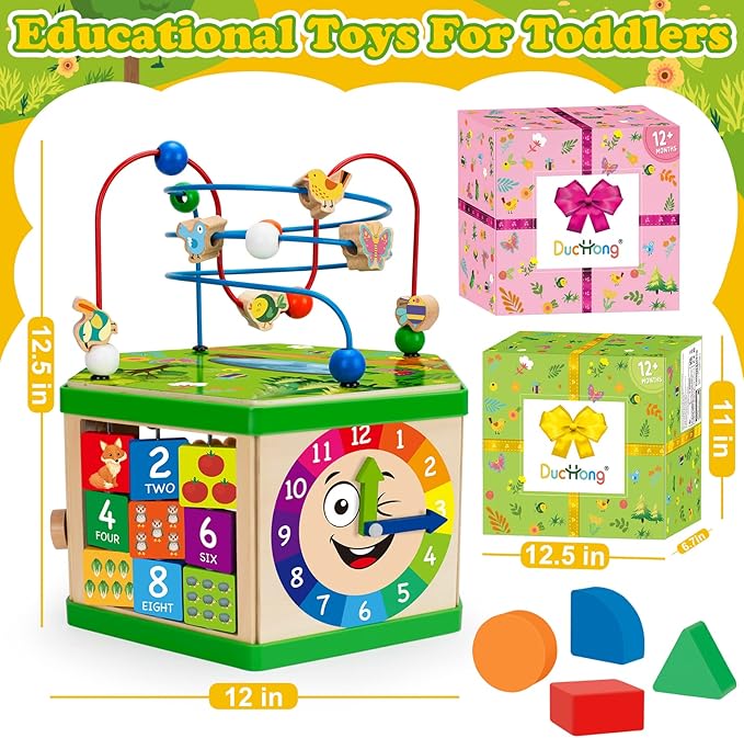 Wooden Activity Cube for 1 Year old, 12-18 Month Boys & Girls, 7-in-1 STEM Montessori Early Developmental Learning Toys for Kids Aged 1-2, Ideal 1st Birthday Gift Toys for Baby, Toddlers (Green)