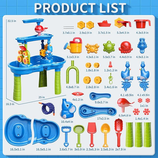 3-Tier Water Table with Pump for Toddlers Kids Ages 3-5 4-8, Outdoor Water and Sand Table Beach Toys, Toddler Activity Sensory Water Sand Table with Rain Showers Splash Pond for Kids Boys Girls