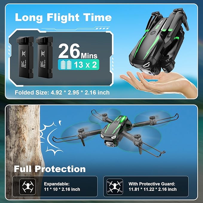 Drone with Camera, 1080P HD FPV Foldable Drone for Kids Adults Beginners, Brushless Motor RC Quadcopter with Stable Hover, Gestures Selfie, Waypoint Fly, 3D Flips, One Key Start, 2 Batteries