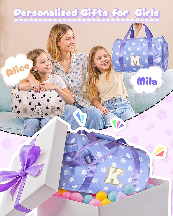 Gift for Sporty Cheerleader Girl, Girls Gym Bag, Kids Personalized Dance Bags with Shoe Compartment, Customized Travel Tote with Toiletry Bag, Party Favors for Teenager (Letter Y)