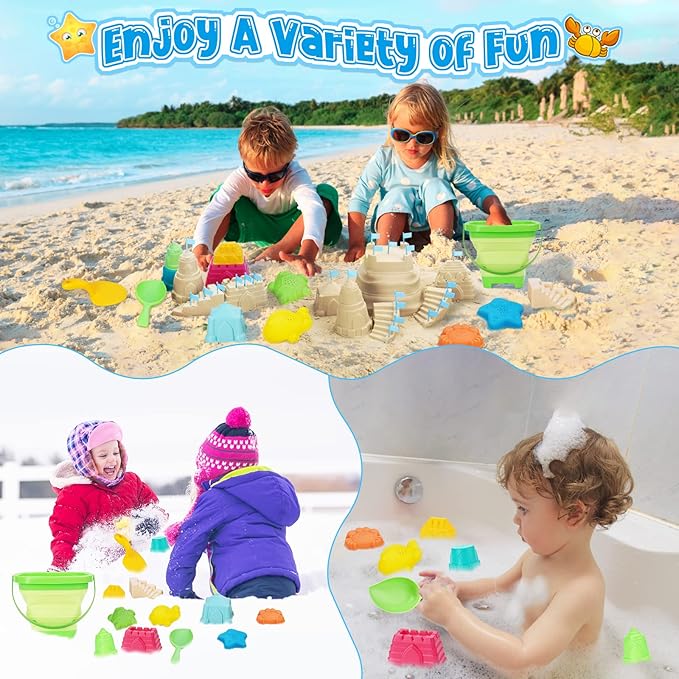 Collapsible Beach Toys for Kids, Foldable Sand Bucket and Shovels Set with Mesh Bag, Sand Castle Building Kit, Sandbox Toys, Travel Sand Toys Beach Essentials for Toddlers Age 3-10
