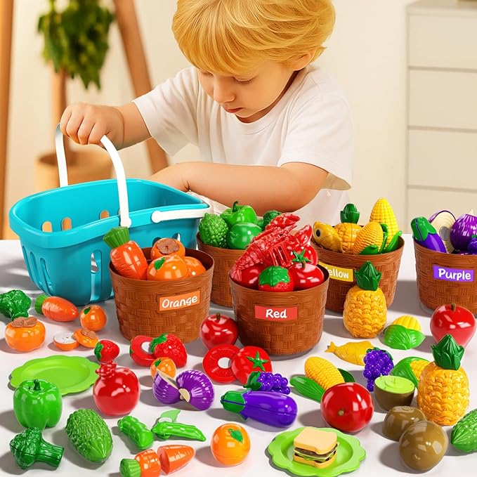 Toddler Toys Play Food Set, Learning Toy Cutting Food with Color Sorting Basket, Pretend Play Kitchen for Toddler 1-3 Preschool Learning Activities Montessori Toys for 1 2 3 Year Old Toddlers Kids