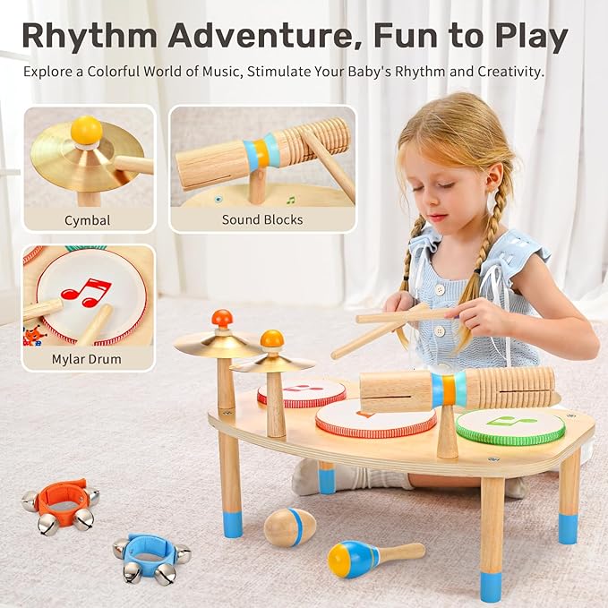 WINGYZ 11-in-1 Kids Drum Set – Montessori Baby Musical Toys & Wooden Musical Instruments for Toddlers 1-3, Music Table with Bongo Drums, Cymbals, Maracas & Wrist Bells for Early Rhythm Play