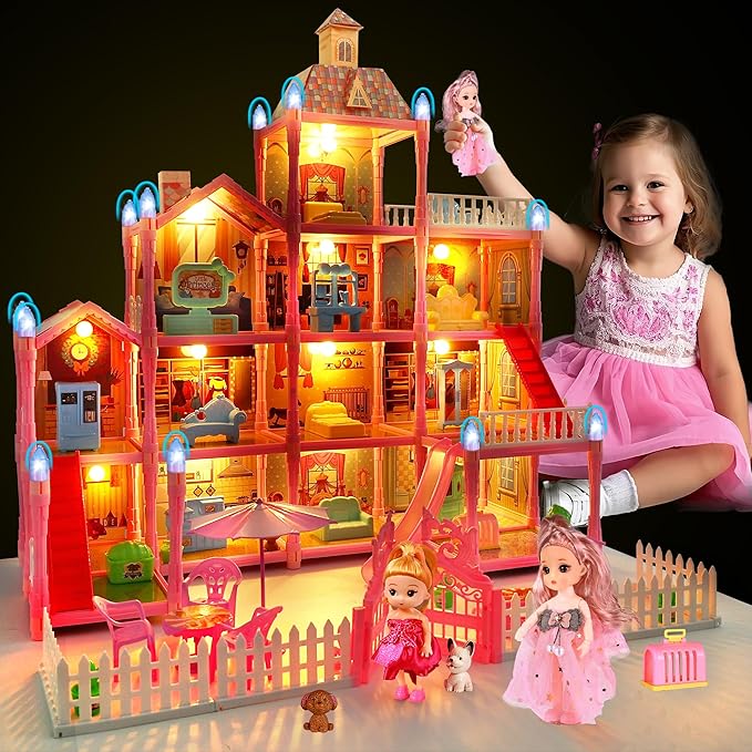 13 Rooms Doll House for Girls, DIY Play House Toys with Dolls Figure, Puppies,Furnitures, Glow-in-The-Dark Accessories, LED Light, Kids Doll House Gift Toy for Kids Ages 3 4 5 6 7 8+