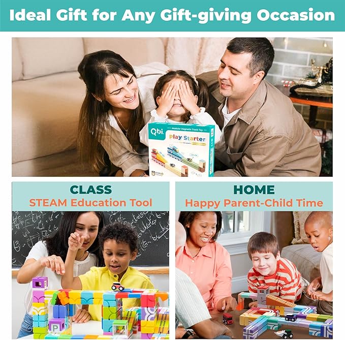 QBI Magnetic Blocks Play Starter Set｜4-in-1 STEM Building Blocks with 4 Cars & 3D Track Tiles｜Educational Sensory Magnet Toys｜Preschool Montessori Toys for Kids Ages 3-5-8 Year Old Boys and Girls