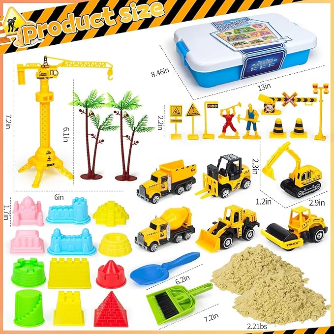 Sensory Bin Toys, Alloy Construction Trucks Play Sand Art Kits with 2.2lbs Magic Sand, Molds, Shovel, 6Pcs Construction Vehicles, Crane- Sensory Sandbox with Lid for Kids Toddlers Age 3-8