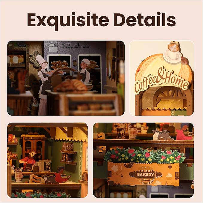 Book Nook Kit - DIY Miniature House Kit for Adults, Dollhouse Booknook Tiny House Bookshelf Decor 3D Wooden Puzzle Street Model, Ideal Gift for Book Lovers, Family, Friends (Coffee & Home)