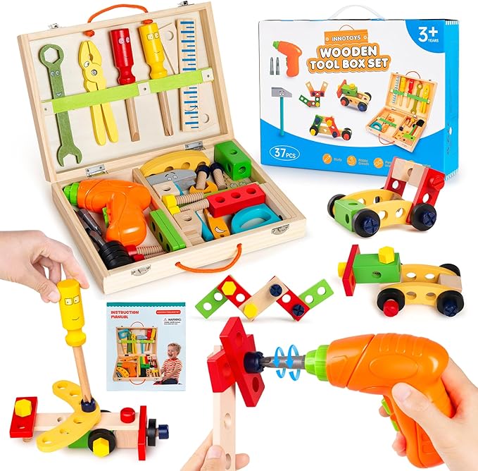Toddler Tool Set with Drill, Montessori Toys for 3 4 5 6 Years Boys Girls, Toddler Stocking Stuffers, Kids Christmas Toys, 37 Pcs Wooden STEM Construction Learning Pretend Play Games