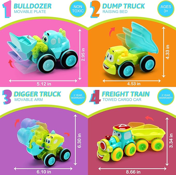 Toys for a 2 Year Old Boy - 4 Friction Powered Trucks for 3+ Year Old Boys, Push & Go Cars Cartoon Construction Vehicle Set - Best Toddler Boys Toys & Toy Trucks, Play Pull Back Car, Idea