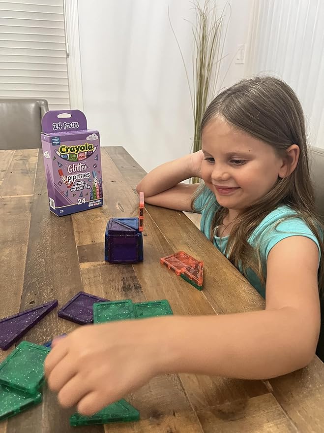 CreateOn Crayola Mini Magnetic PIP-Tiles, Building Set for Kids, Magnetic Building Toys for Kids, STEM Travel Toys for Boys and Girls Ages 3+, 24-Piece Set (Glitter)