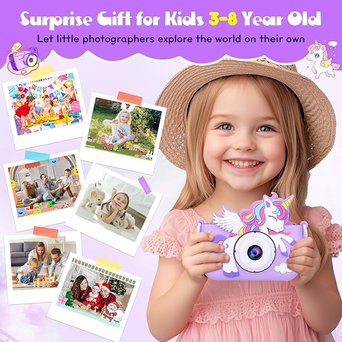 Kids Camera Unicorn Toys for Girls, Digital Camera for Kids Age 3-8 Toddler Travel Toys, Birthday Gift for Girls 3 4 5 6 7 8 Year Old Christmas, HD 1080P Video Camera, 32G SD Card Included (Purple)
