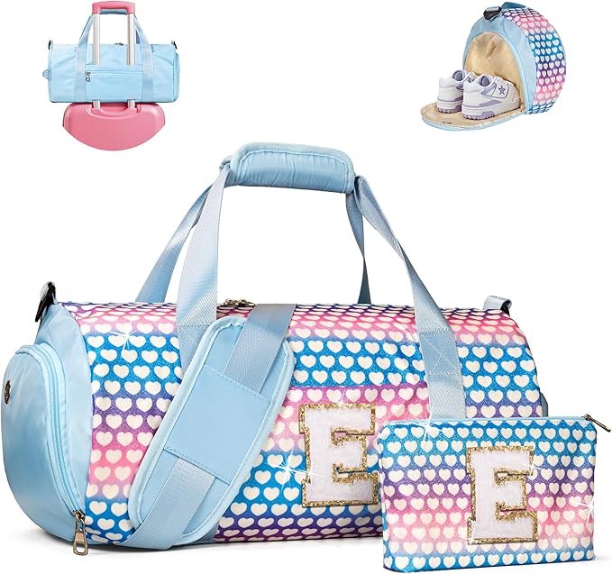 10 Year Old Girl Birthday Gifts, Girls Travel Duffel Bag, Kids Initial Overnight Bags with Shoe Compartment, Initial Duffle Bag with Makeup Pouch, Gift for Grandkids Teens (Letter E)