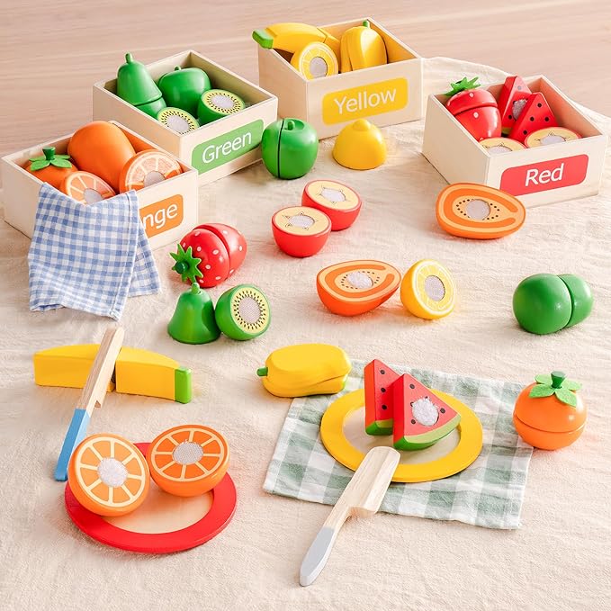 ROBUD Wooden Play Food for Kids Kitchen, Cutting Fruit for Toy Kitchen Accessories, Four-Color Fruit to Match Color, Develop STEM & Make, Montessori Toys for Toddler, WG423