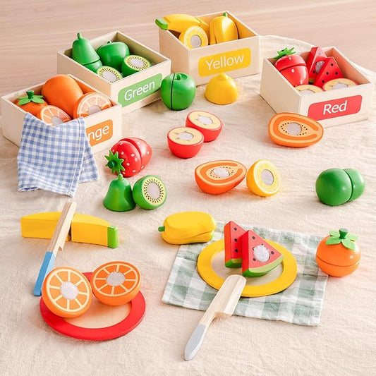 ROBUD Wooden Play Food for Kids Kitchen, Cutting Fruit for Toy Kitchen Accessories, Four-Color Fruit to Match Color, Develop STEM & Make, Montessori Toys for Toddler, WG423