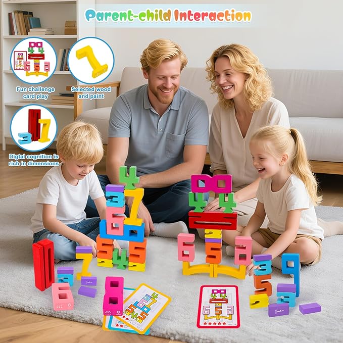 40 PCS Wooden Number Building Blocks, Math Learning Tools Digital Building Blocks 1-10 for Kids, Stacking Blocks Toys, Educational Toy Birthday Christmas Halloween Party Favors for Boys Girls