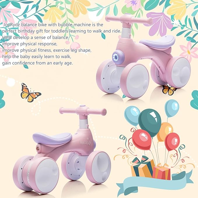 Baby Balance Bike 1 Year Old with Music, Lights, Bubble Machine, 4 Wheels Pedal-Less Toddler Ride on Toys for 12-36 Months Birthday Gift, Toddler boy Toys Ride on car (Pink)