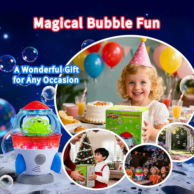Rocket-Shaped Bubble Machine for Kids & Pets - Dual Powerful Bubble Outlets, Automatic 360° Rotation, Adjustable LED Lights & Music – Ideal for Indoor/Outdoor Birthday Parties