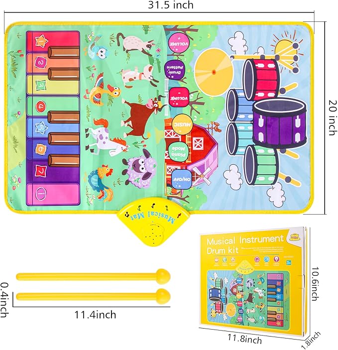 Musical Farm Animals Sounds Piano Mat for Kids, Sensory Educational Learning Toy with Drumset for Toddlers, Interactive Floor Touch Play Mat Dancing Keyboard Carpet for 1-5 Year Old Boy Girl Gifts