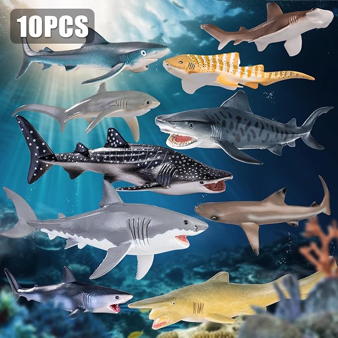 10PCS 5-8" Shark Toys for Toddlers, Large Sea Ocean Animals Bath Toys for Kids, Shark Figurines Cake Toppers Birthday Party Favors & Gifts for Kids