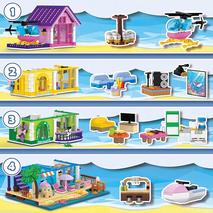 Beach House Building Set with Light, NO Compatible with Lego Friend House for Girls Age 8-12, 1346PCS Mini Bricks Seaside Villa, Creative Holiday Cottage Building Kits, for Girl 8-14