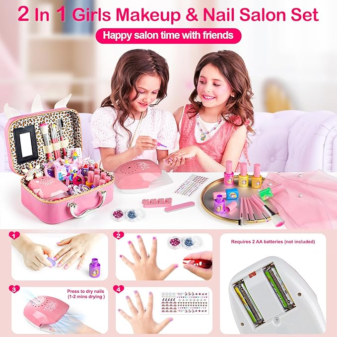 Kids Makeup Kit for Girl - 2 in 1 Kids Washable Makeup Toys & Nail Art Kit with Nail Dryer and Storage Case, Real Girl Makeup Set Birthday Gifts Toys for 3 -12 Year Old Girls, Light Pink