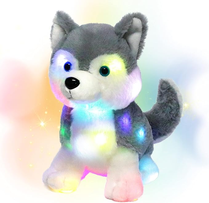 Hopearl LED Plush Husky Lighting Up Stuffed Animal Dog Floppy Puppy Night Lights Glow in The Dark Birthday Festival for Kids Toddlers Boys Girls, Gray, 12''