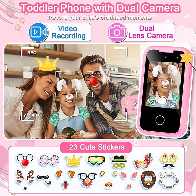 Kids Phone for Girls Toys, Gifts for 3 4 5 6 7 8 9 Year Old Girls Boys Christmas Birthday Kids Toys, Touchscreen Toddler Learning Cell Toy Phone with Dual Camera, Game, Music Player, 8GB Card Pink