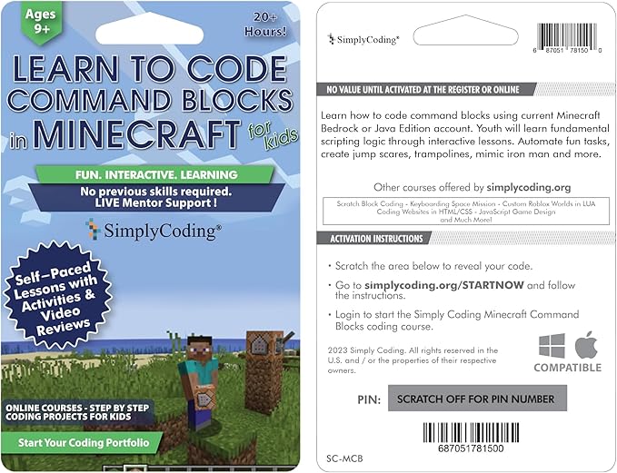 Coding for Kids: Learn to Code Minecraft Command Blocks - Video Game Design Coding - Computer Programming Courses, Ages 9+ (PC, Mac Compatible)