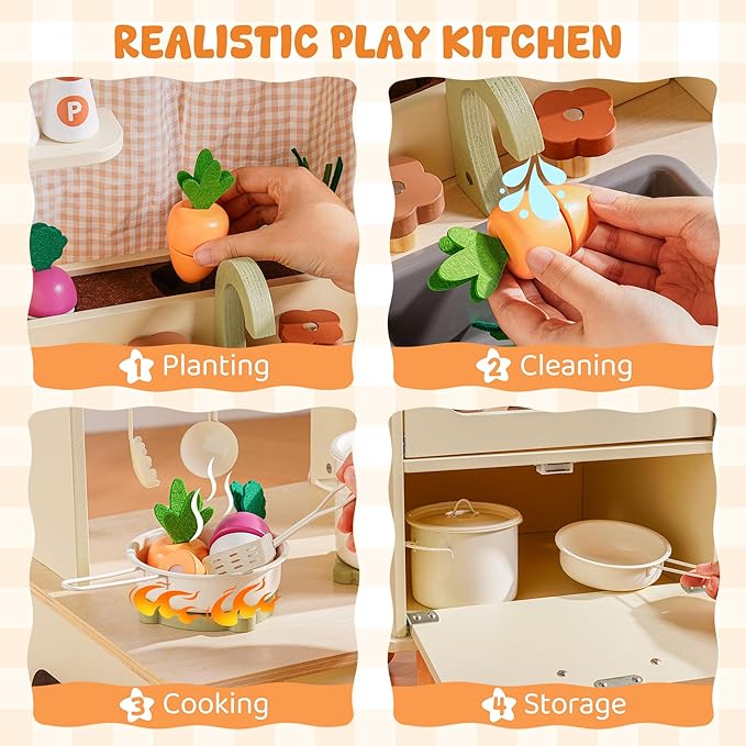 ROBUD Wooden Play Kitchen Set, Pretend Play Kitchen for Kids, Toy Kitchen with Microwave, Sink, Stove and Ice Maker, Toddlers Kitchen Playset Gift for Boys Girls, 3+ (Cream)