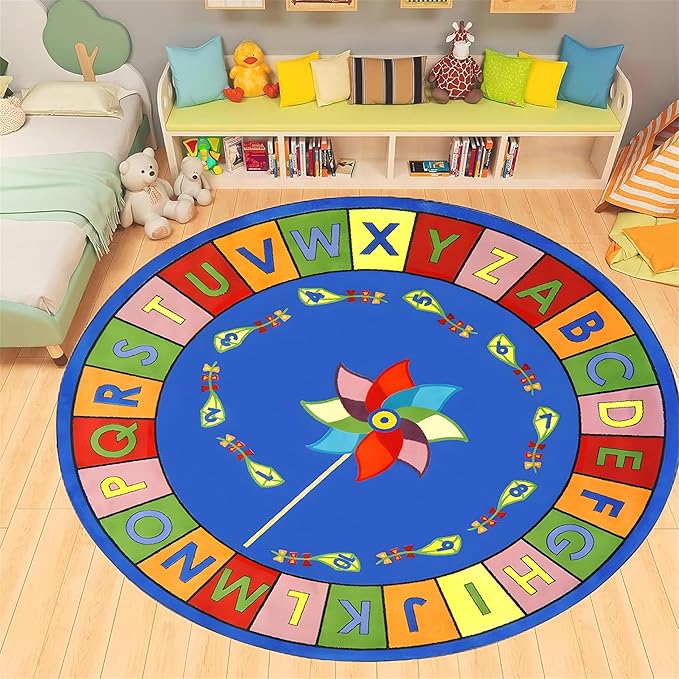 Round Kids Area Rug,5ft,ABC Letters and Numbers Early Learning Rug, Colorful Windmill Kite Design Non-Slip Rug for Classroom Playroom, Boys Girls Bedroom Decoration