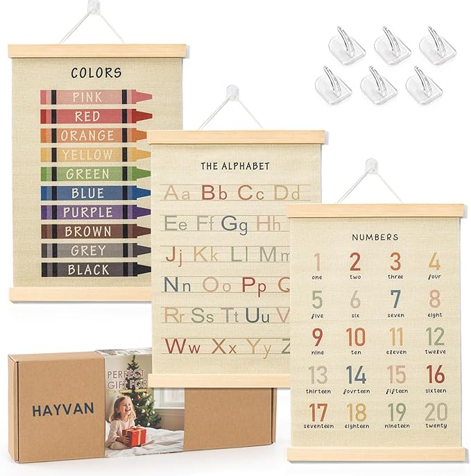 HAYVAN Toddler Learning Posters 12x16 Inch (3-Pack) - Educational Wall Decor for Playroom & Nursery, Interactive Learning Posters with ABC, Numbers & Colors for Classroom & Home