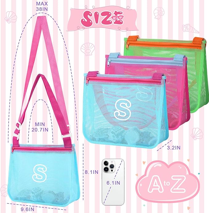 3Pcs Personalized Kids Beach Shell Bag, Initial Seashell Mesh Zipper Beach Pouch, Shell Collecting Bag for Holding Shells with Adjustable Straps, Sand Toys Swim Pouch Gift for Girl Boy Teens(Letter S)