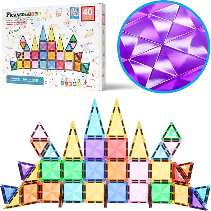 PicassoTiles Magnetic Tiles Building Blocks Mini Size Diamond Series Magnet Toys Travel Size On-The-Go Magnets Construction Sensory Toys Gifts Educational Set Toddlers STEM Learning Kit Playset PTM40
