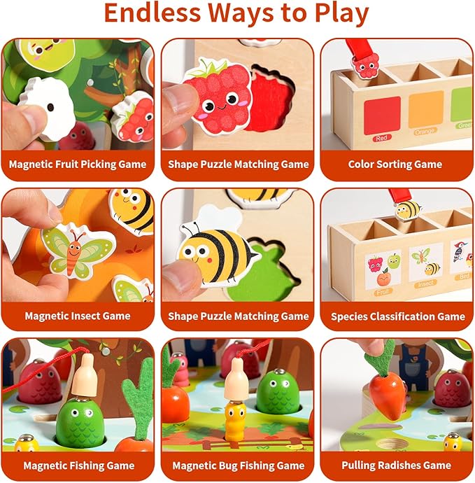 Toddler Sensory Montessori Wooden Preschool Learning Educational Gift Toy for Kids Ages 3 4 5, Shape Color Sorter Apple Picking Carrot Harvest Game,Magnetic Fishing - Fine Motor Skills Toys