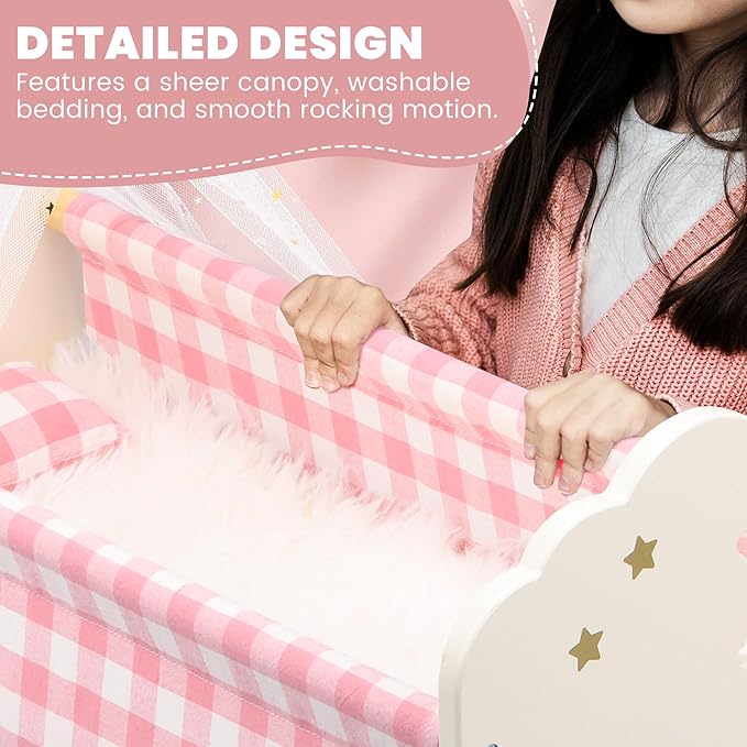 Wooden Baby Doll Crib Set, Baby Doll Bed Toys for 18 Inch Dolls, with Bedding and Canopy, Baby Doll Furniture Accessories