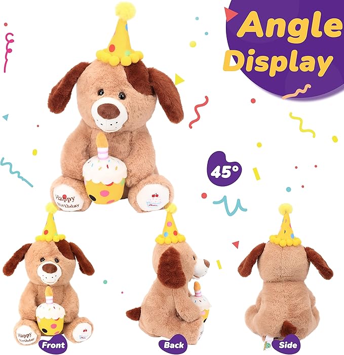 Hopearl Adorable Happy Birthday Dog with Glowing Cupcake Musical Stuffed Animal Puppy Singing and Shaking Plush Toy Interactive Animated Kids Gifts, Brown, 15''