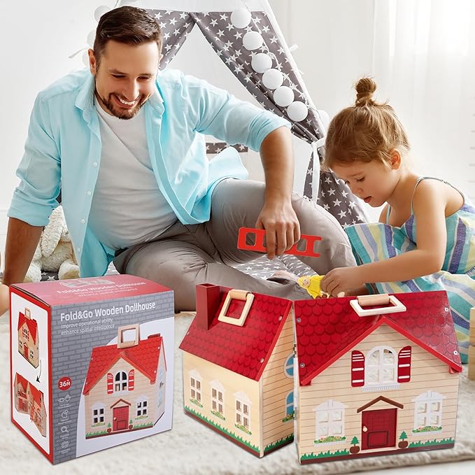 Foldable Wooden Dollhouse with 13pcs Furniture, 4 Rooms and 2 Flexible Dolls, Pretend Play House Set with Portable Handle, Christmas Birthday Gift for Boys Girls Kids Age 3+