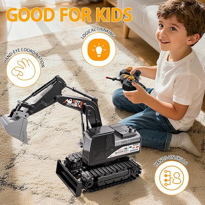 Remote Control Excavator for Boys 4-7, RC Excavator for Kids, 27 MHz Construction Trucks Vehicles Toys for Toddlers 1-3 3-5 4-7 with Metal Shovel and Light Birthday Boys Gifts