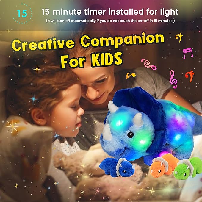 Hopearl LED Musical Stuffed Dinosaur Playset Lighting Up Singing Plush Toy Mommy Triceratops with 3 Babies in her Tummy Adjustable Volume Lullaby Animated Soothe Gifts for Toddlers Boys, Blue, 15”