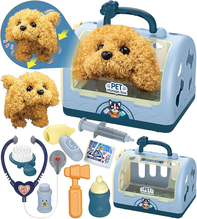 TEUVO Pet Care Playset Robot Dog Toys for Kids, 12Pcs Kids Vet Playset Toys Veterinarian Kit Doctor Kit & Interactive Electric Dog Plush & Cage Pretend Play Gifts for Girls Toddlers 3 4 5 6 7 Year Old