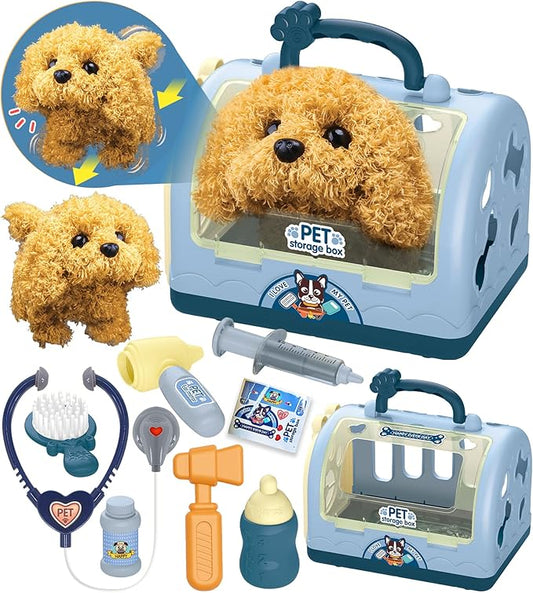 TEUVO Pet Care Playset Robot Dog Toys for Kids, 12Pcs Kids Vet Playset Toys Veterinarian Kit Doctor Kit & Interactive Electric Dog Plush & Cage Pretend Play Gifts for Girls Toddlers 3 4 5 6 7 Year Old