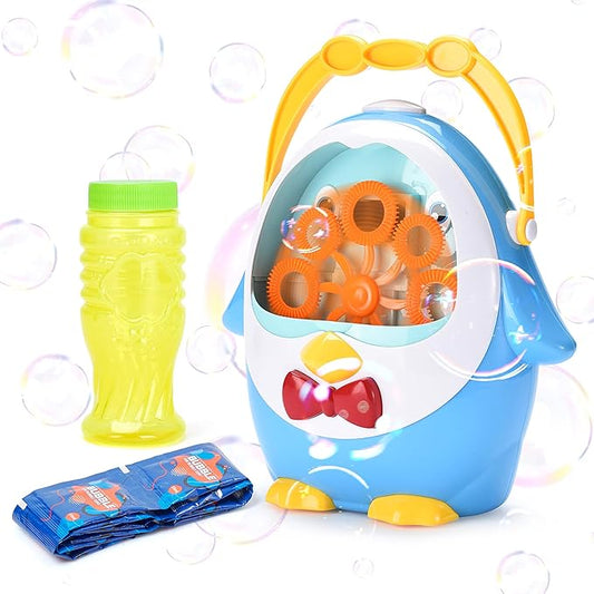 Kidzlane Penguin Bubble Machine for Kids - Made of Durable Plastic - Blows 500 Bubbles Per Minute, Quiet Low Sound Motor - No-Spill Bubble Maker for Kids - 3 Years Up
