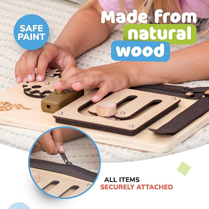 deMoca Sensory Busy Board for Toddlers, Premium Wooden Toddler Busy Board for 1 2 3 Year Old with 10 Educational Activities for Fine Motor Skills, Fidget Activity Toy for Travel Toy