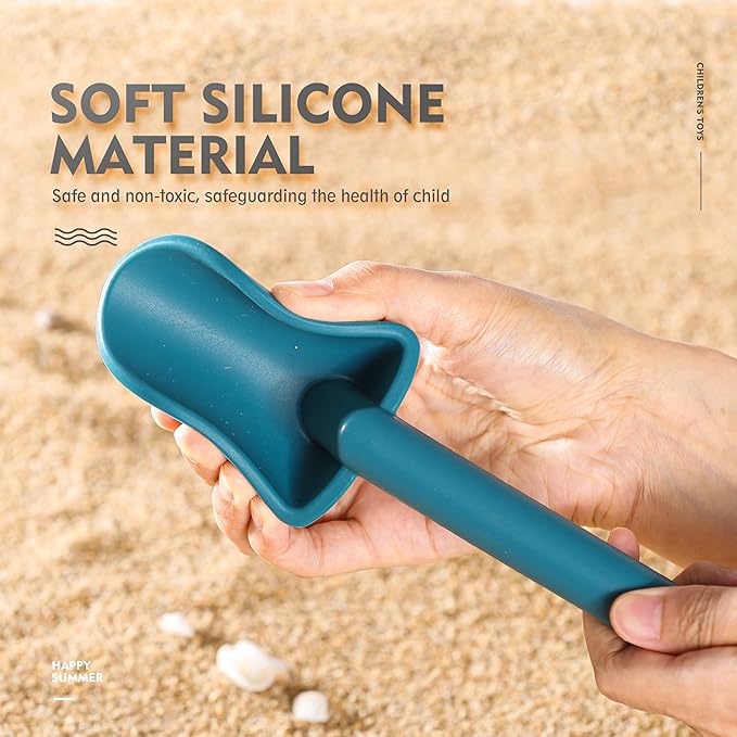 MarcZero 11Pcs Silicone Beach Toys,Modern Baby Beach Toys,Travel Friendly Beach Set,Eco Friendly Toy,Silicone Bucket, Shovel, 8 Sand Molds, Beach Bag,Silicone Sand Toys for Toddlers, Kids (Dark Blue)