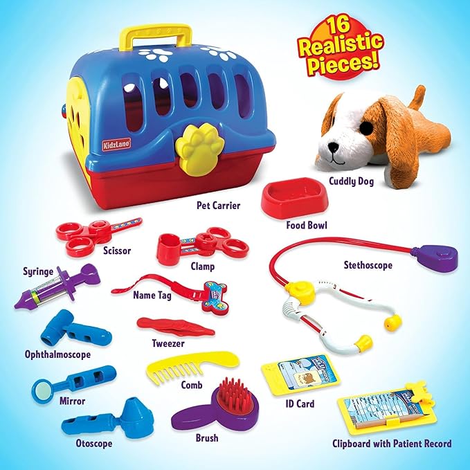 Kidzlane Deluxe Veterinarian Kit for Kids and Toddlers | Pretend Play Vet Set for Kids | Pet Vet Playset | Toy Pet Carrier for Little Girls and Boys | Kids Doctors Kit | Play Doctor Set for Kids