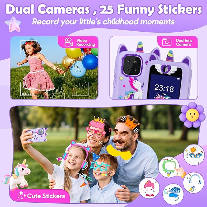 Kids Smart Phone for Girls, Kids Camera Toy Phone for Ages 3 4 5 6 8 Year Old, Christmas Birthday Gifts Toddler Cell Phone with Touchscreen, 44 Games, Music Player, 32GB Card & Bag Purple