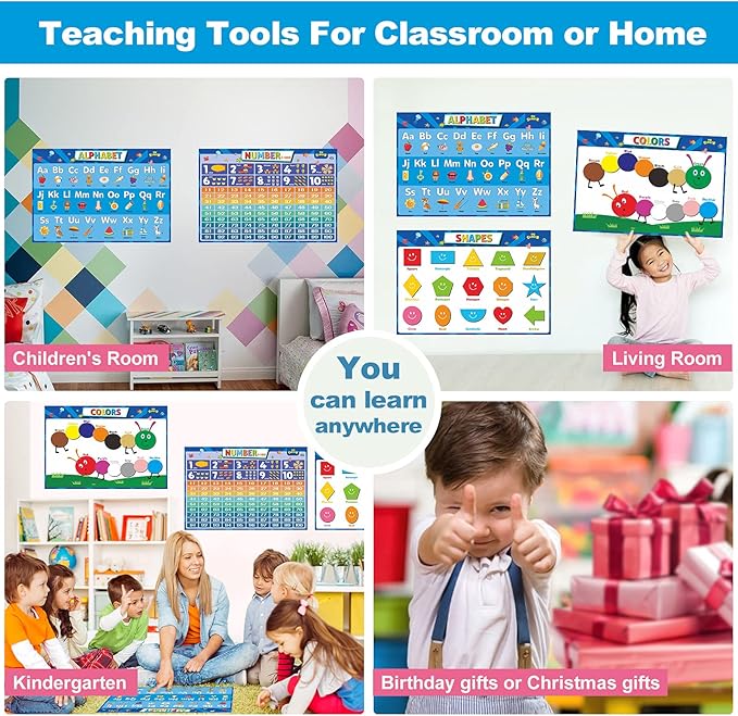 SK SUPKER 4Pack ABC Alphabet Chart + Numbers 1-100 + Shapes + Colors Poster Set, Toddler Educational Learning Posters Kindergarten Classroom Wall Decor Art (17 x 11inch)